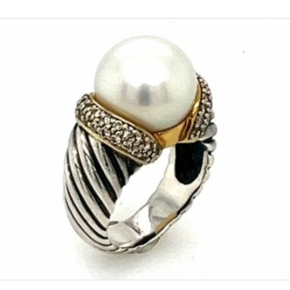 18K David Yurman Diamond South Sea Pearl Sterling Silver Ring - Picture 2 of 5